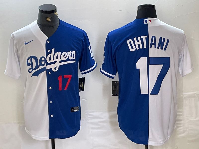 Men Los Angeles Dodgers 17 Ohtani White blue double Nike Game MLB Jersey style 7